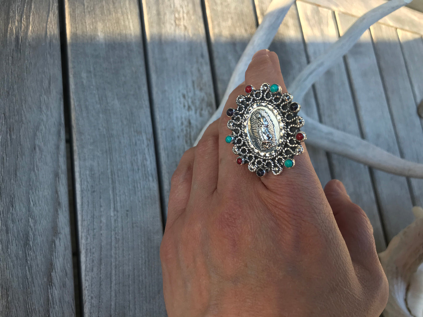 Handmade Sterling Silver statement onyx turquoise coral  Madonna ring Virgen Guadalupe adjustable ring