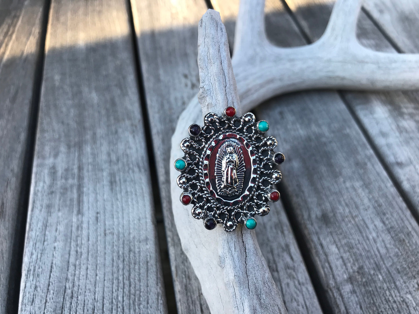 Handmade Sterling Silver statement onyx turquoise coral  Madonna ring Virgen Guadalupe adjustable ring