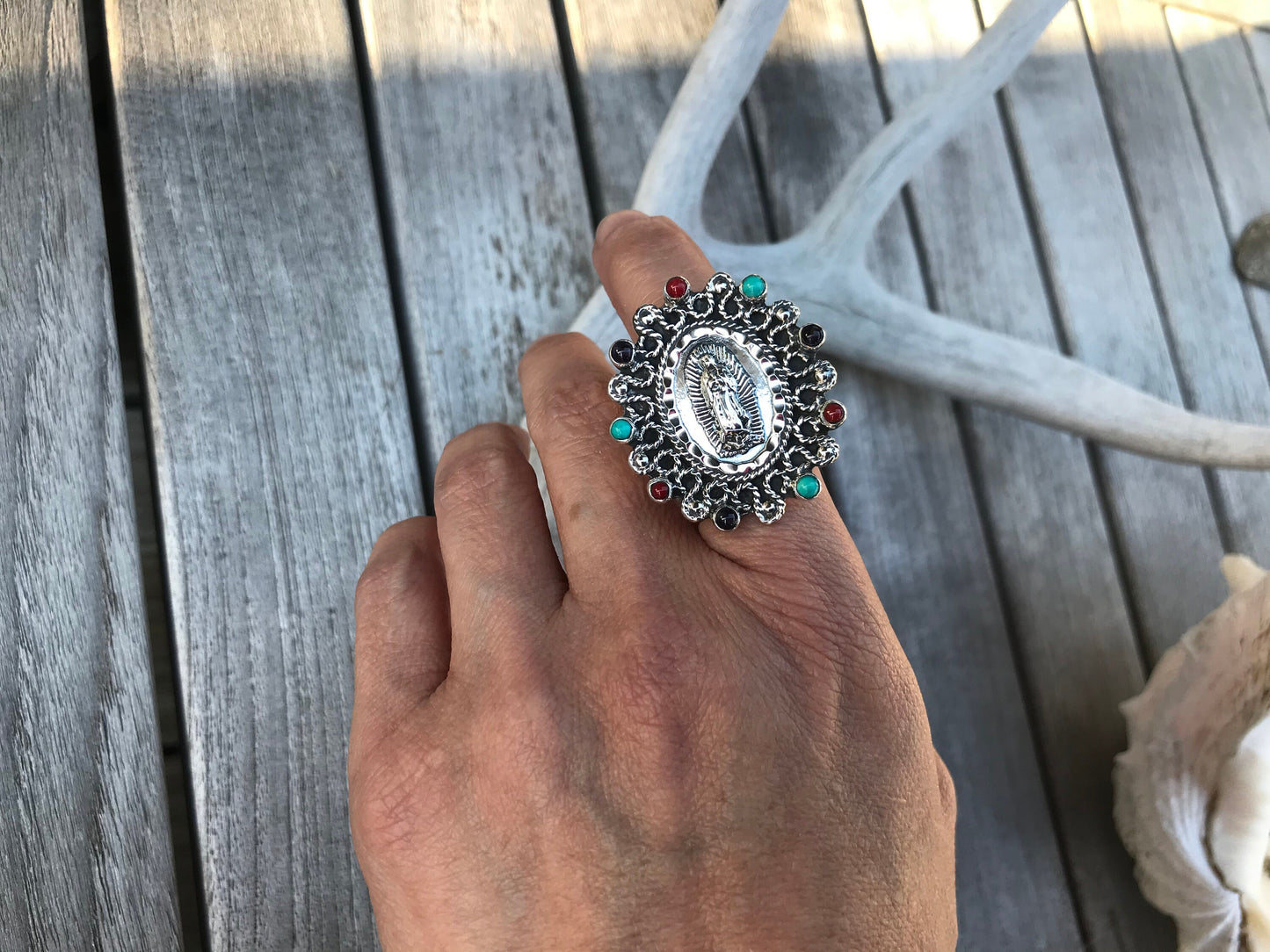 Sterling Silver statement turquoise coral  Madonna ring Virgen Guadalupe ring
