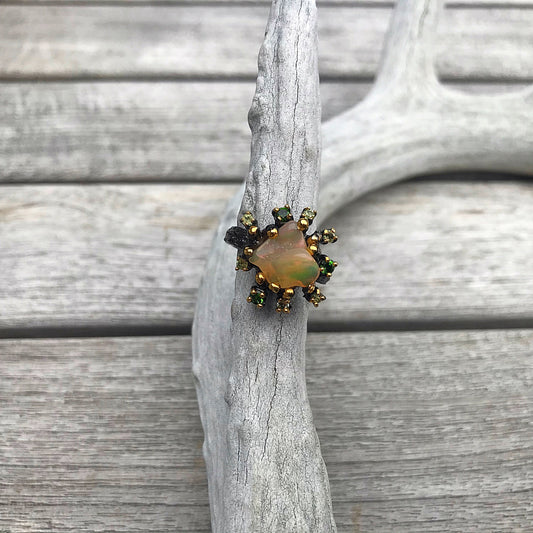 Genuine Natural Rough Rainbow opal Peridot chrome diopside abstract  Sterling Silver artisan statement Ring 7