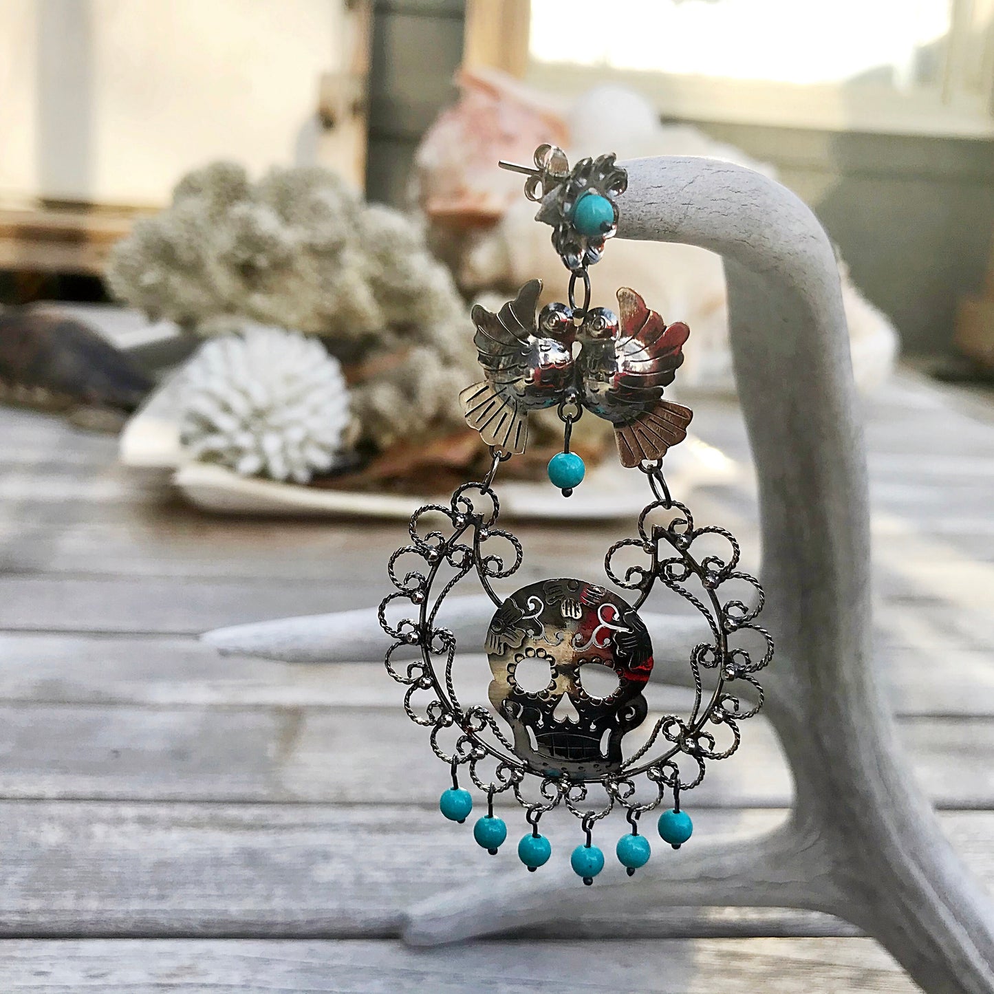 sterling silver Genuine Turquoise Skull Katrina Filigree long Statement Earrings Artisan Handmade Frida Kahlo Love birds