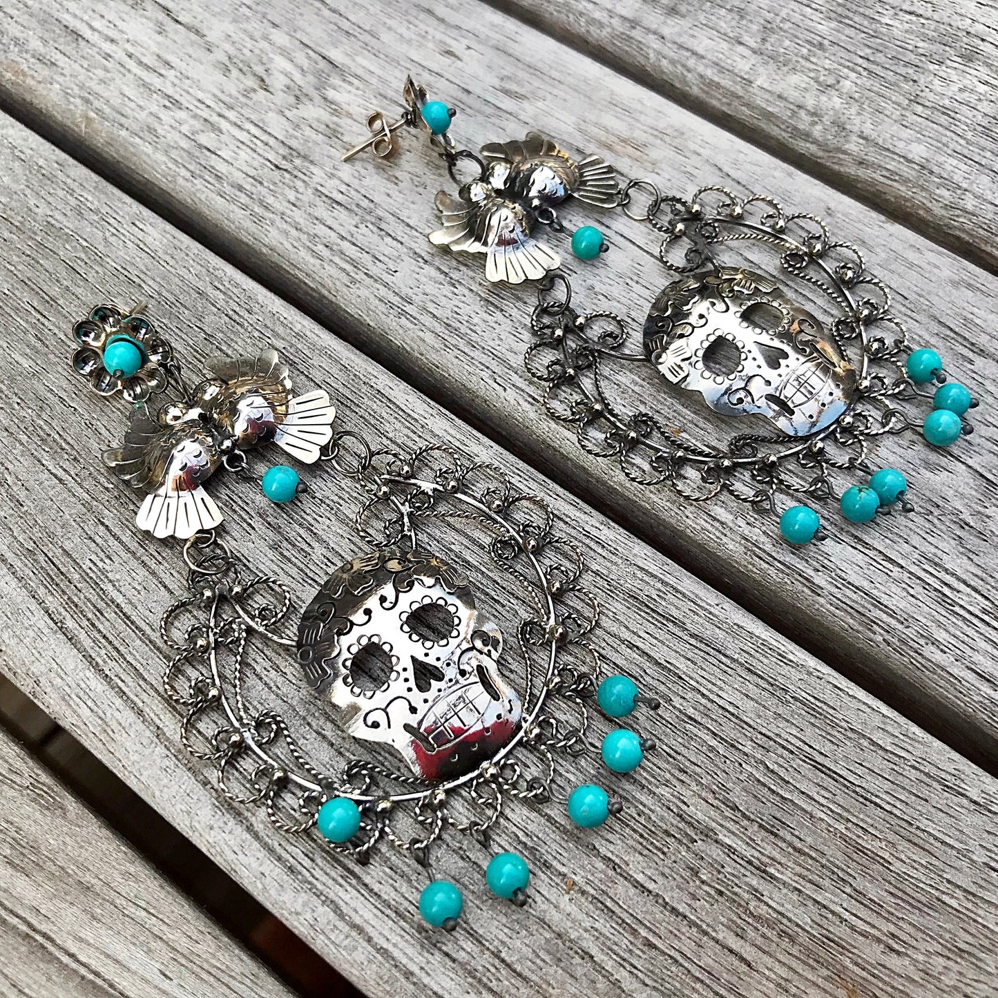 sterling silver Genuine Turquoise Skull Katrina Filigree long Statement Earrings Artisan Handmade Frida Kahlo Love birds