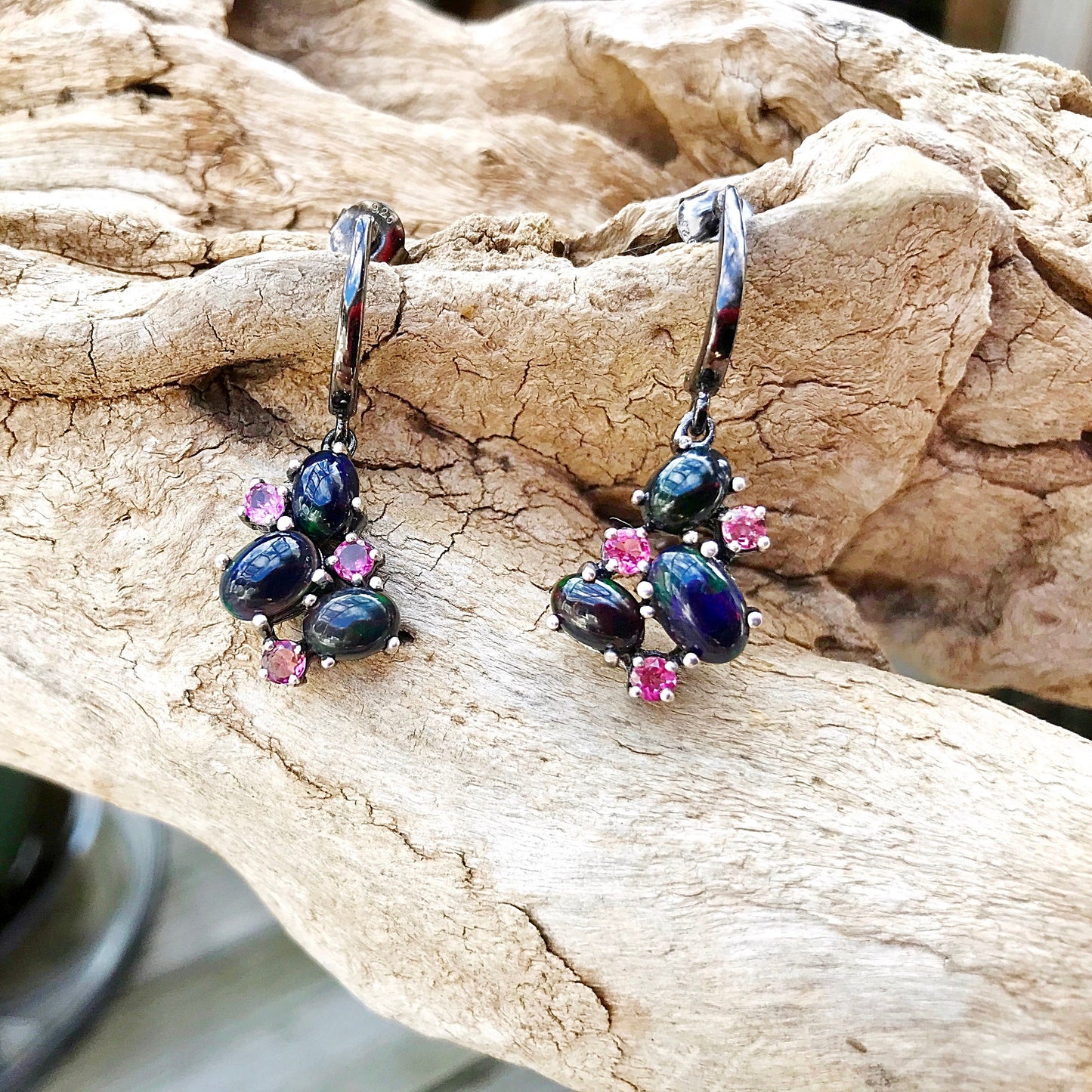 Sterling Silver Rainbow Natural black Opal tourmaline  small stud  Dangle handmade earrings