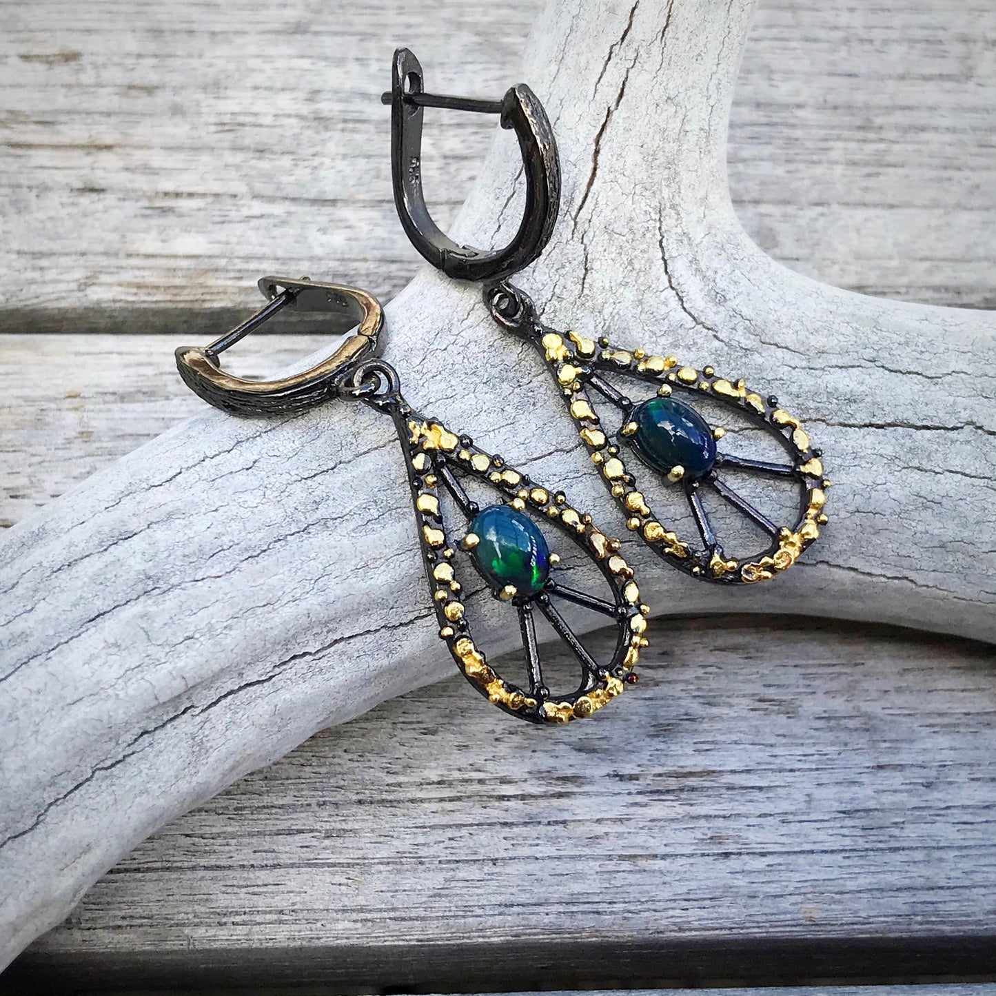 Sterling Silver Rainbow Natural black Opal gold modernist Art Deco   Dangle handmade earrings