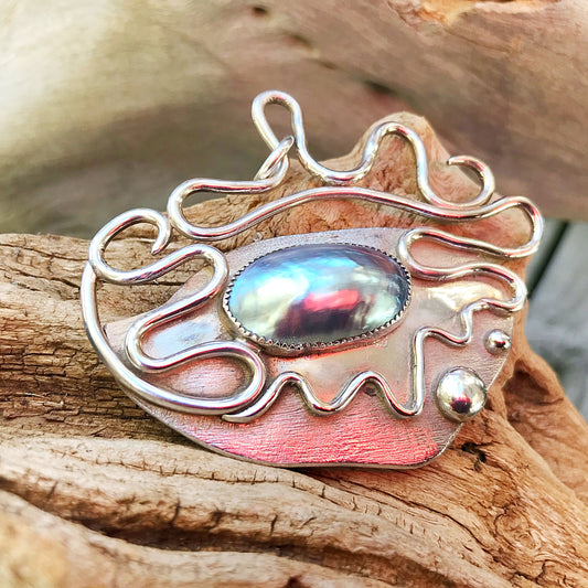 Sterling silver gray Mabe Pearl Abstract Modernist Pendant Brooch  Pin