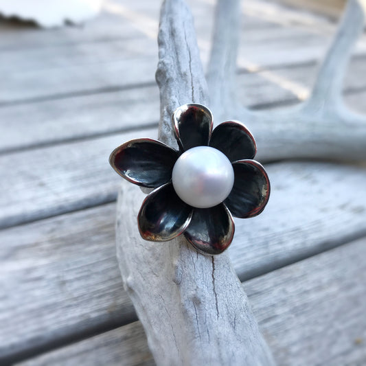 Sterling Silver Flower white genuine pearl  Handmade artisan ring  adjustable