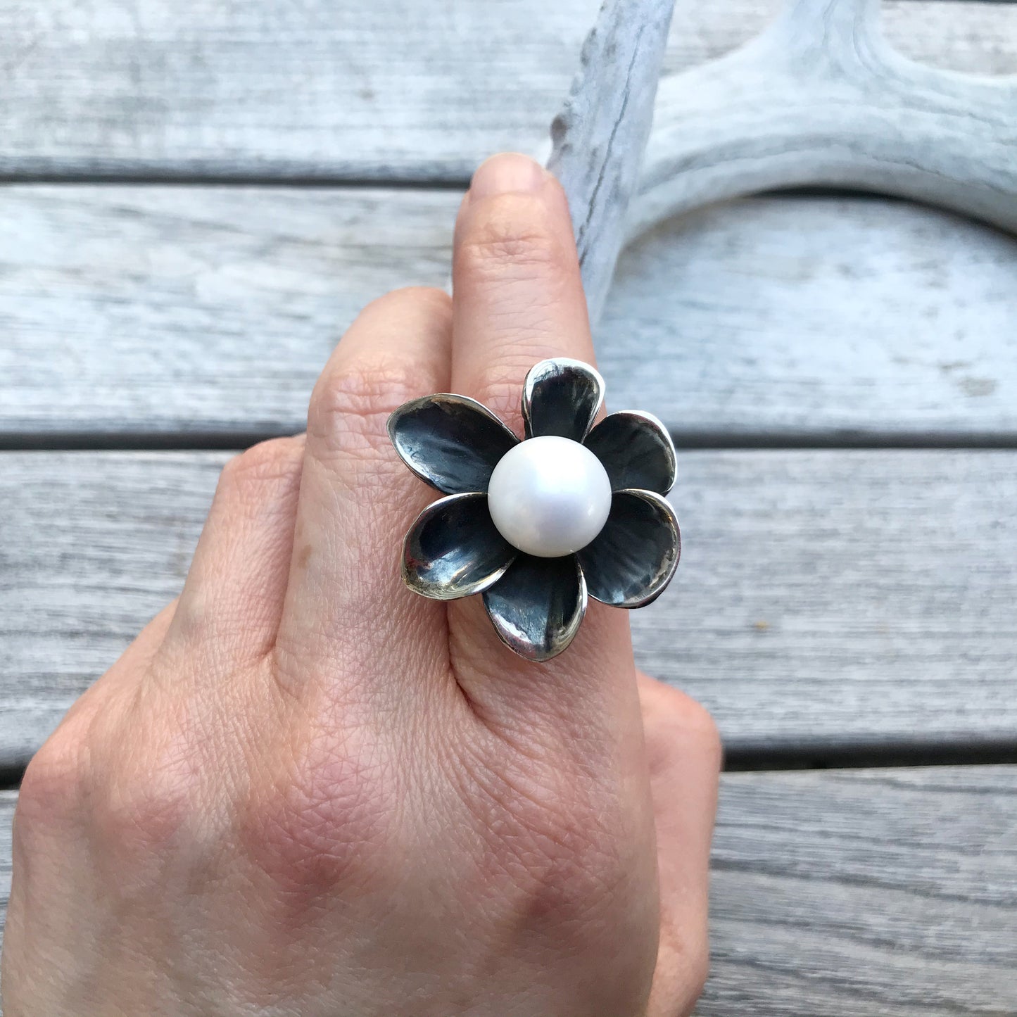 Sterling Silver Flower white genuine pearl  Handmade artisan ring  adjustable