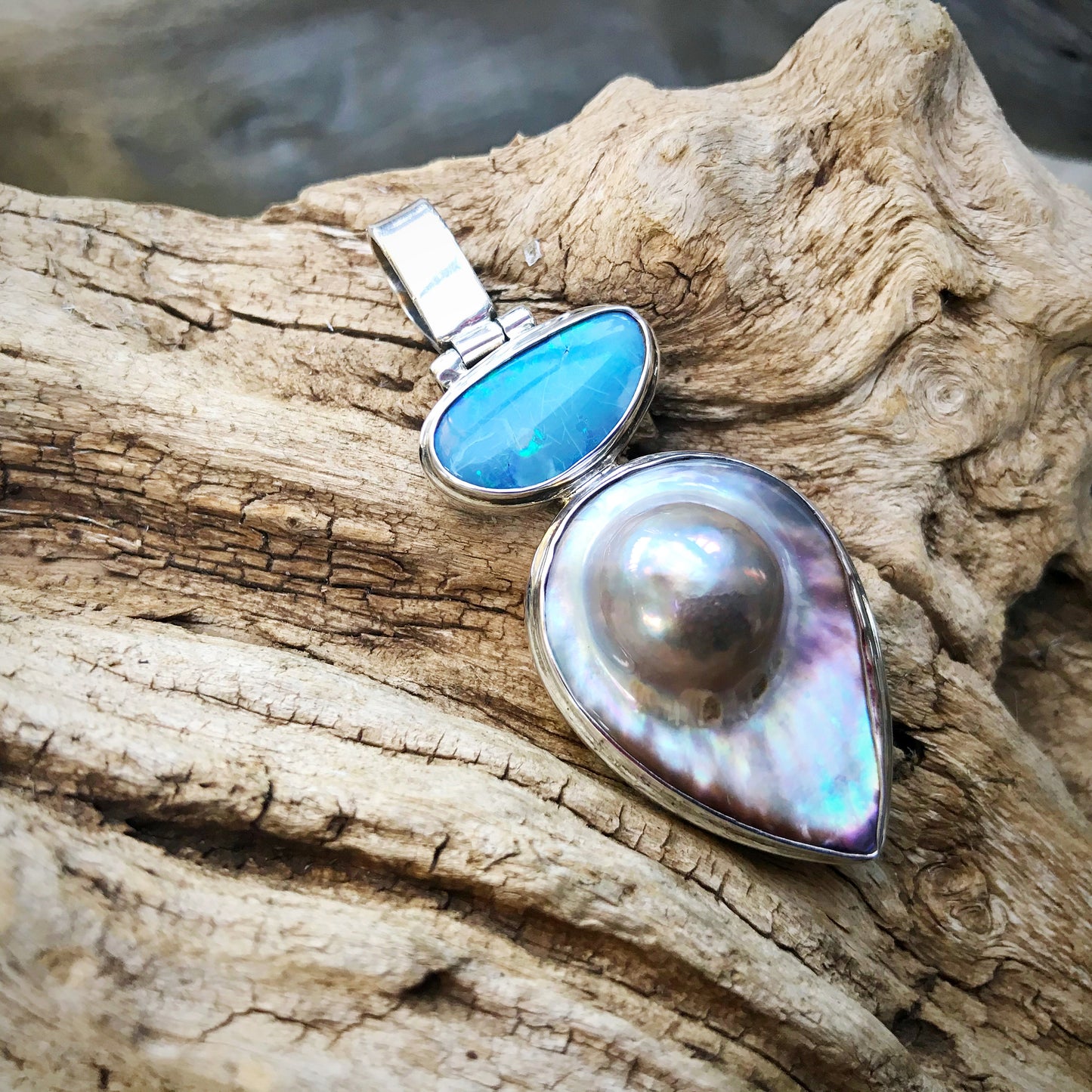 Sterling silver abstract handmade Blister Pearl Australian Opal enhancer Pendant necklace