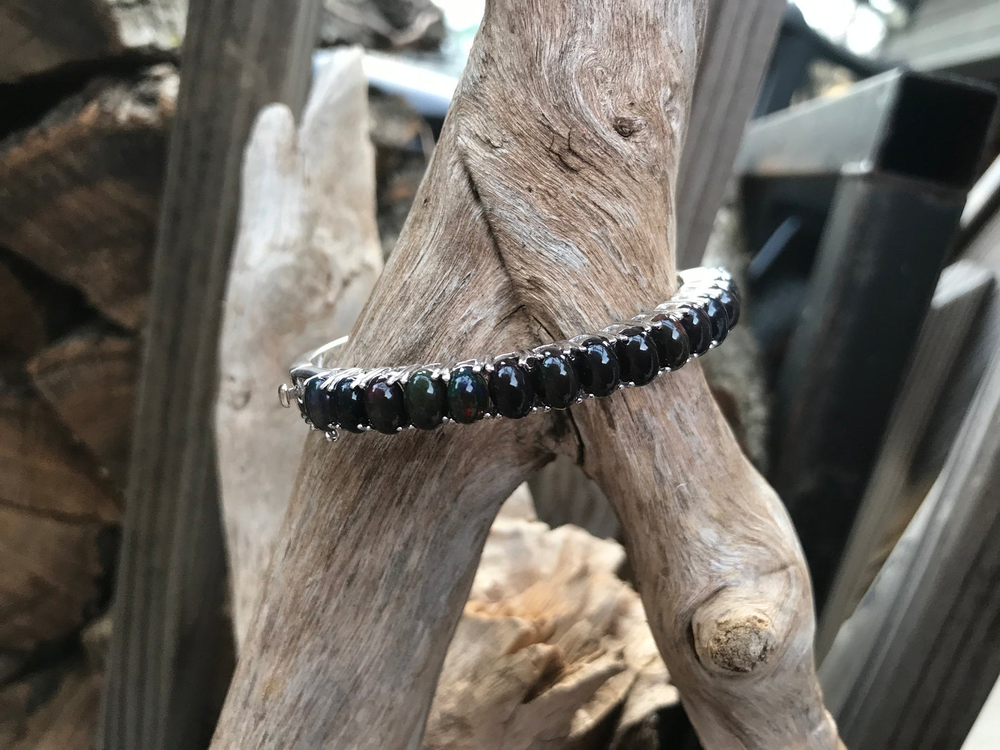 Handmade Sterling Silver Natural Black Opal cuff bangle  bracelet