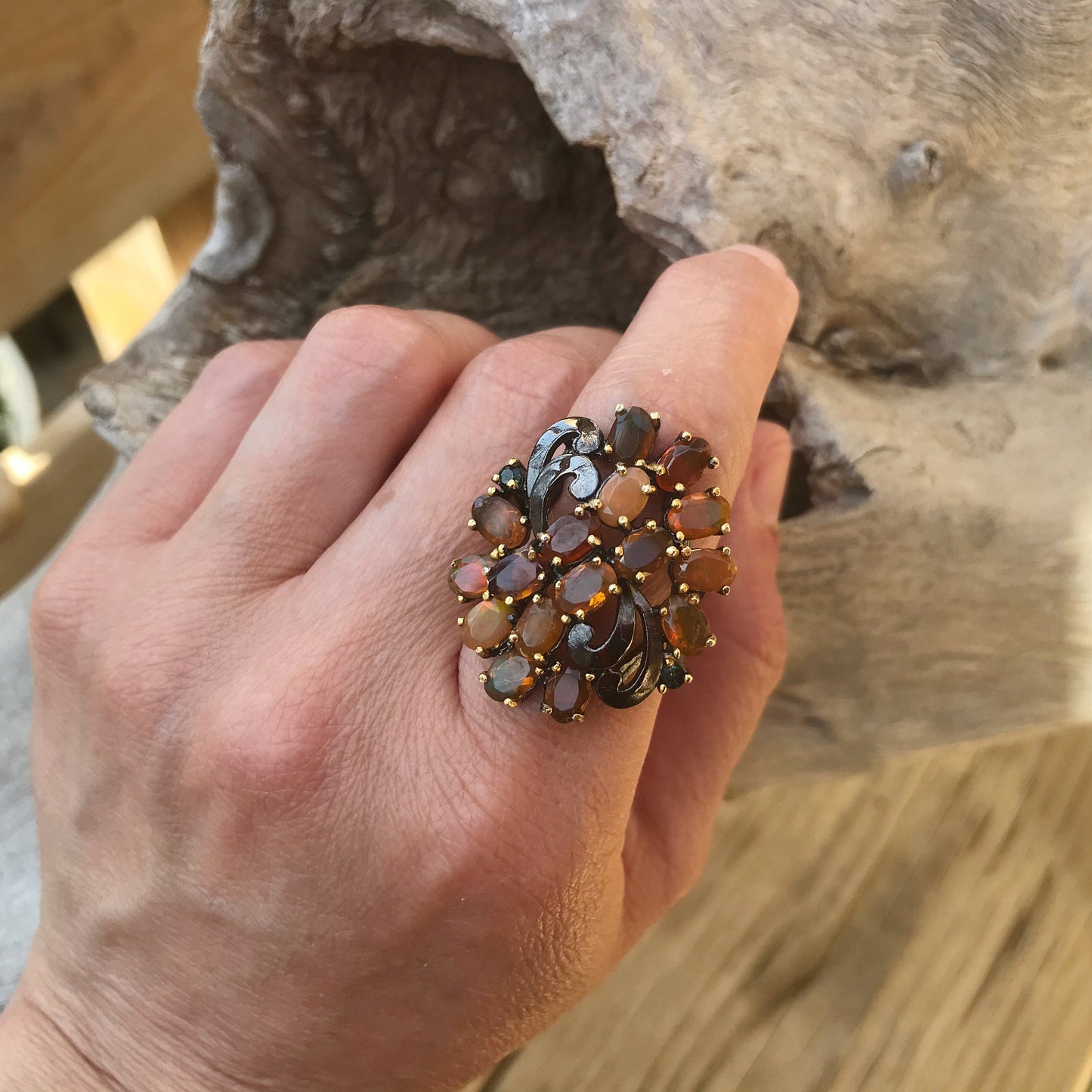 Sterling Silver Orange Rainbow Natural Opal statement Handmade Ring 7.5
