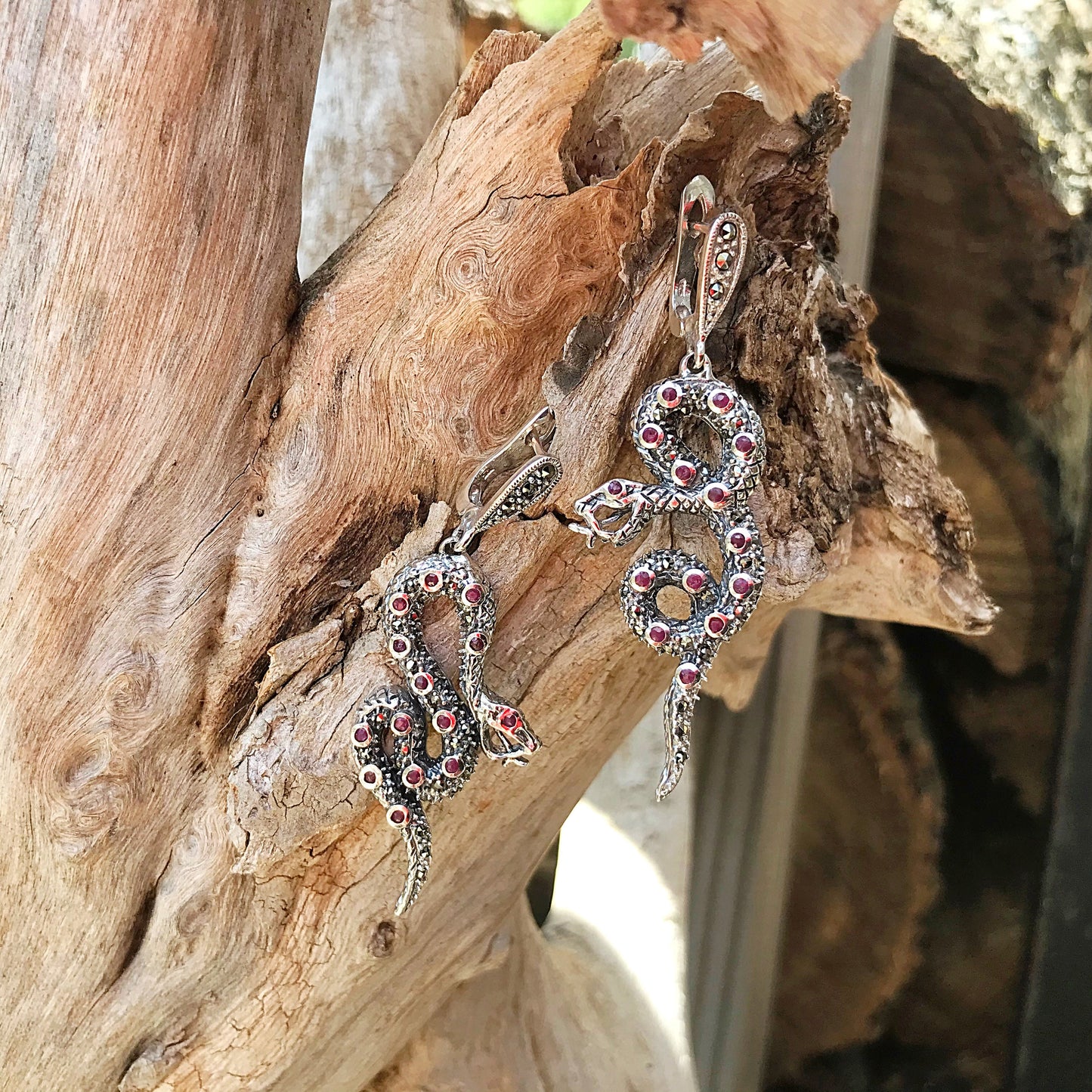 Marcasite ruby Cobra snake Sterling Silver handmade Artisan Gemstone  Earrings Jewelry