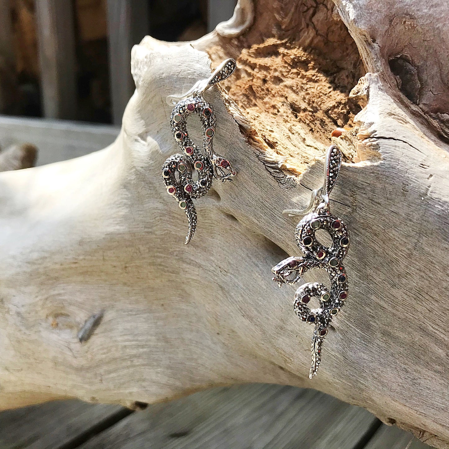 Marcasite ruby Cobra snake Sterling Silver handmade Artisan Gemstone  Earrings Jewelry