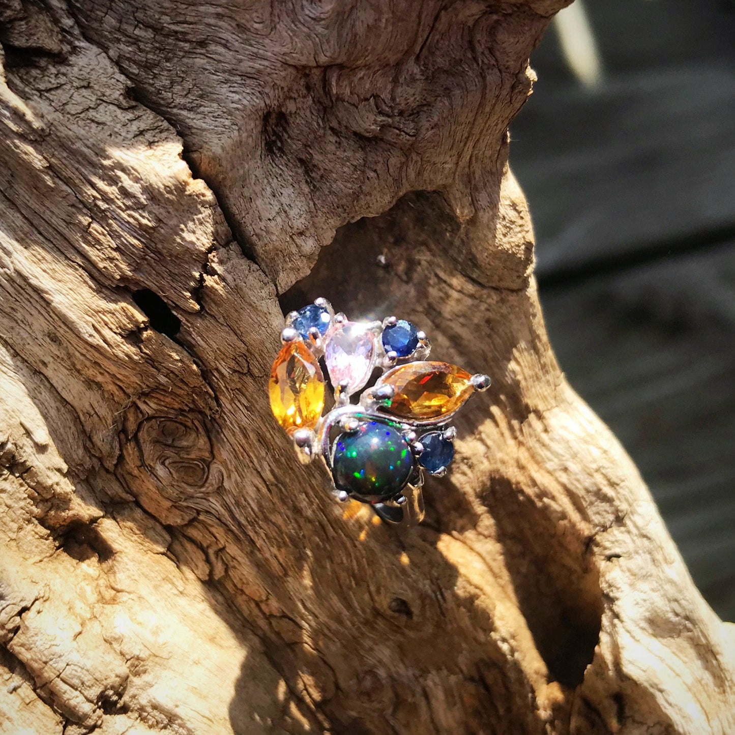 Handmade Sterling Silver Natural Black fire opal Citrine Sapphire tourmaline  Ring 8