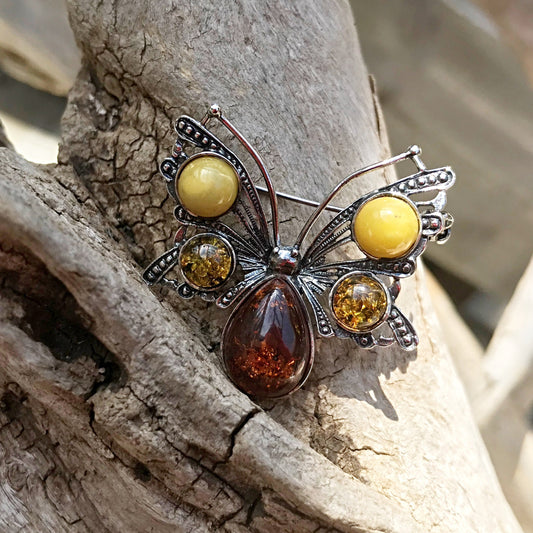 Sterling Silver Amber butterfly Vintage brooch pin collectible jewelry necklace