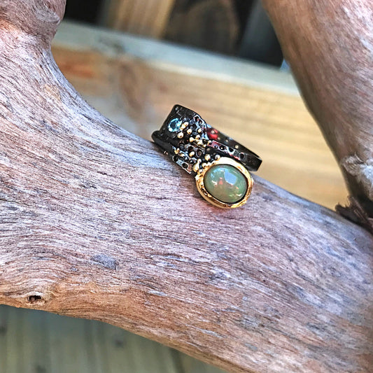 Sterling Silver Fire rainbow opal  Modernist band Ring 6.5