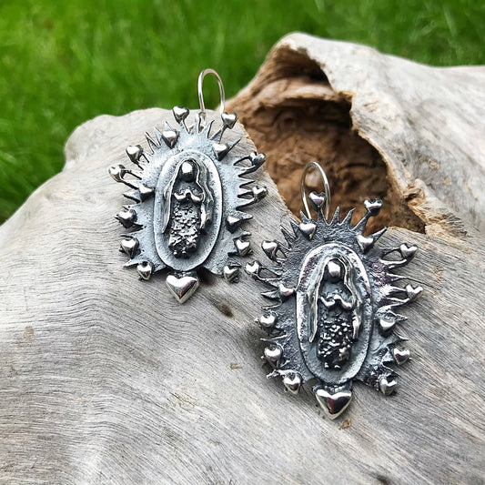 Artisan  Handmade Sterling Silver Madonna virgen María Guadalupe dangle  earrings