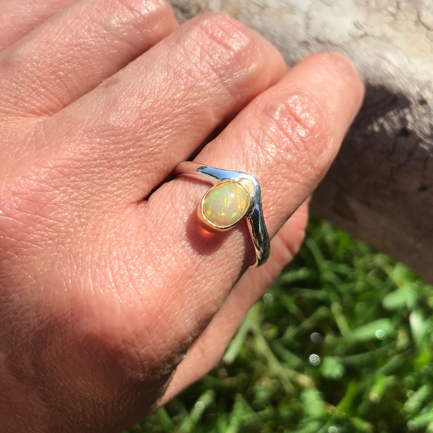 Sterling Silver modernist Handmade Fire rainbow Opal Artisan  ring 9