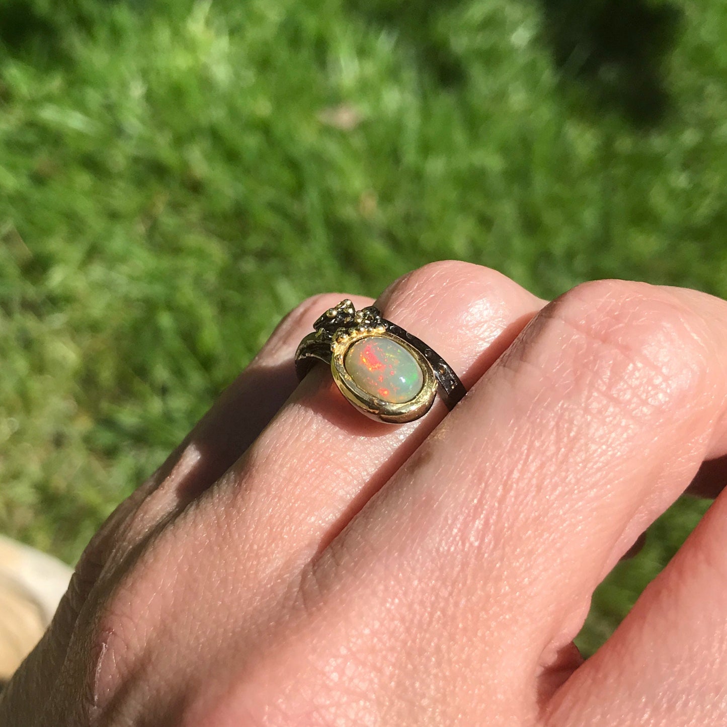 Sterling Silver Fire rainbow opal  Modernist band Ring 6.5