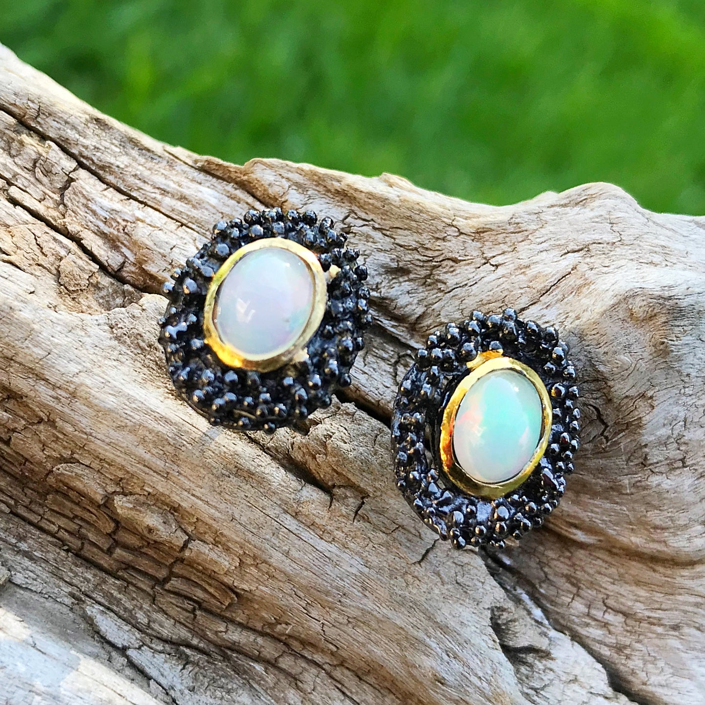Artisan Handmade Sterling Silver Gold Natural Fire opal stud earrings