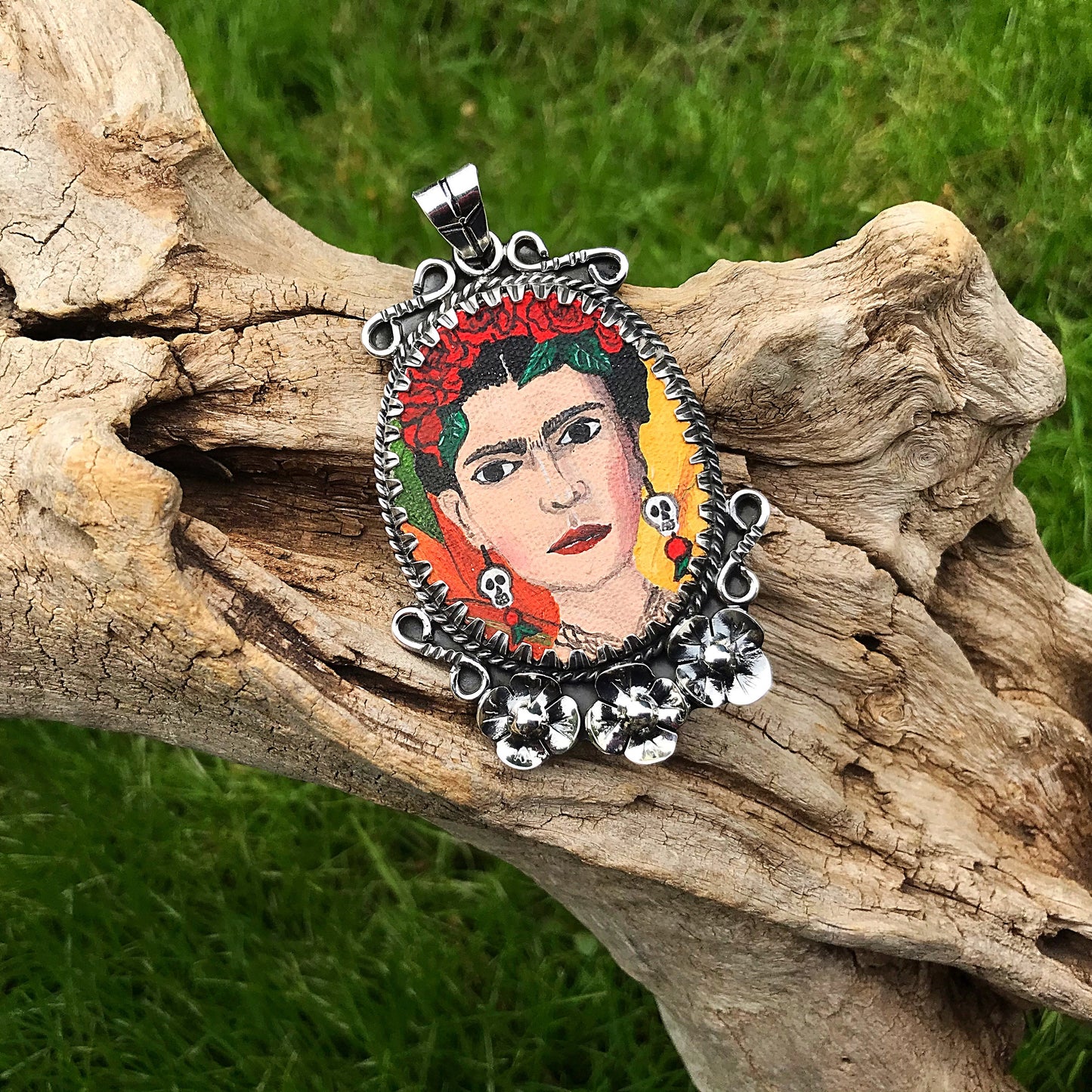 Handmade Sterling Silver statement Frida Kahlo canvas portrait for necklace