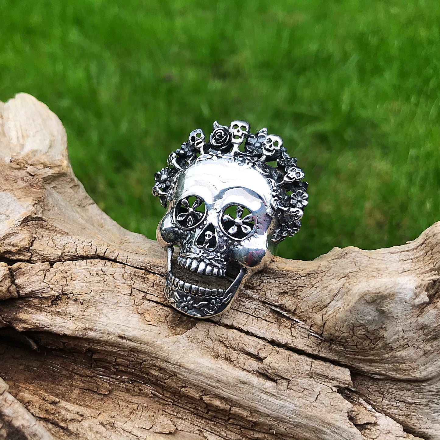 Handmade Sterling silver sugar skull catrina oversize adjustable huge  ring