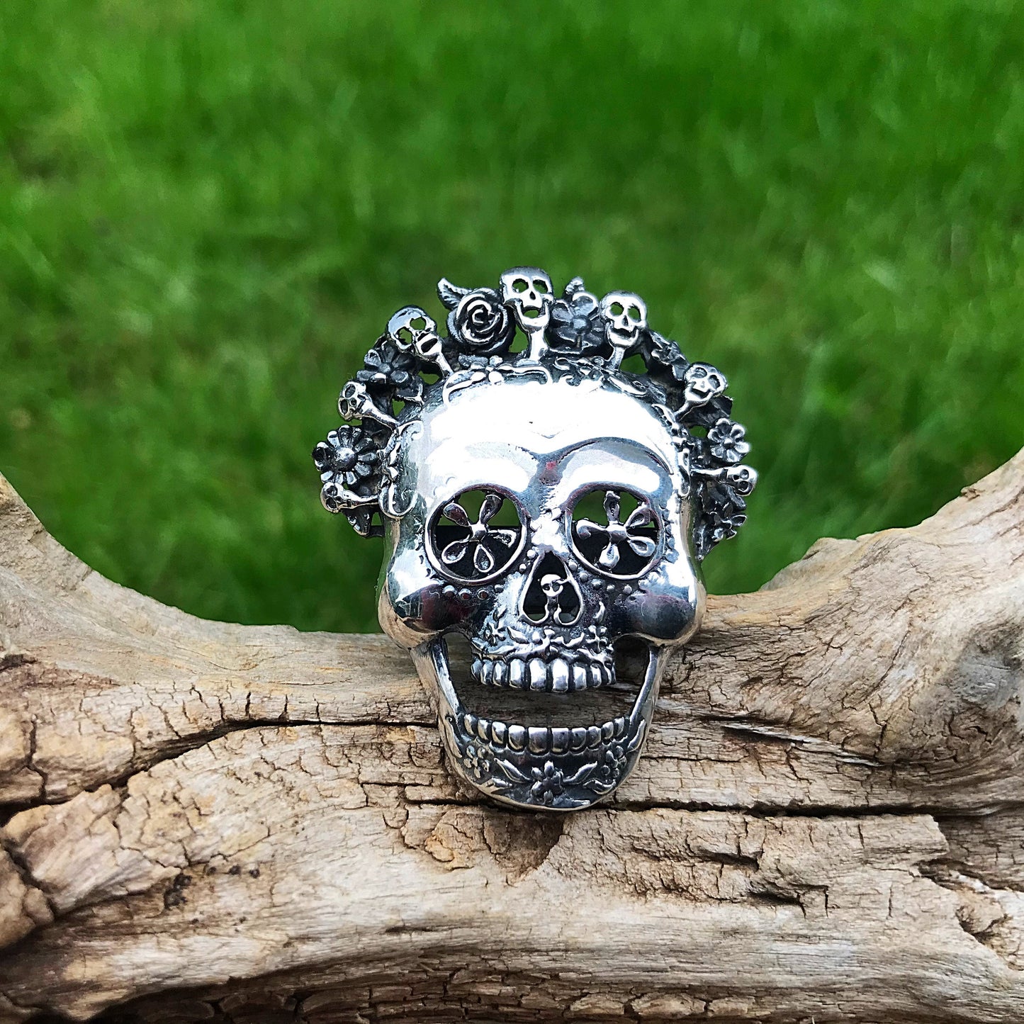 Handmade Sterling silver sugar skull catrina oversize adjustable huge  ring