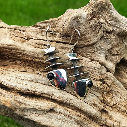 Artisan Handmade Sterling Silver modernist Fish black onyx dangle earrings