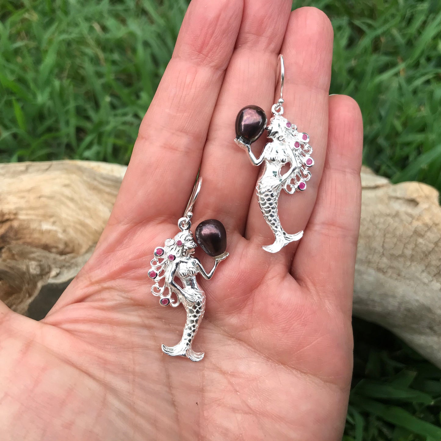 Sterling Silver natural black pearl ruby mermaid dangle  earrings