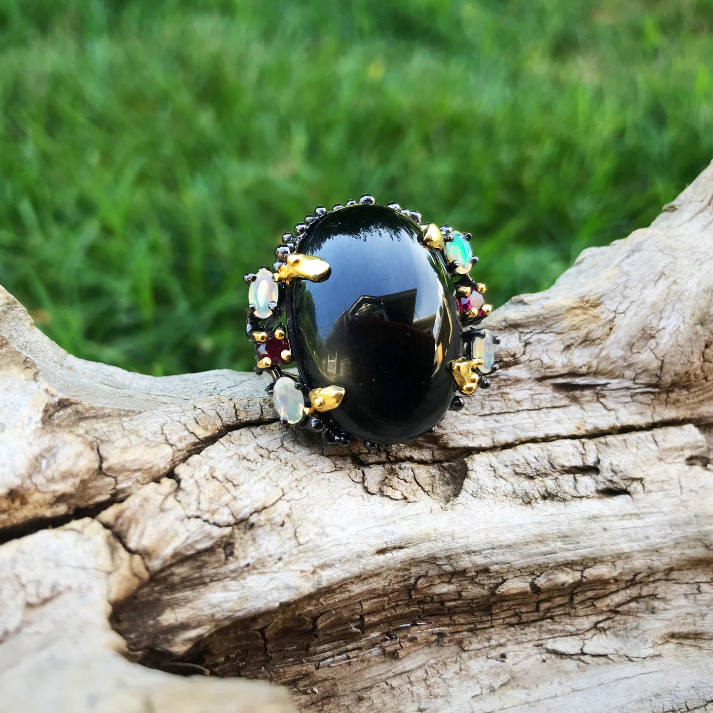 sterling silver statement black spinel opal  oversize ring 8.5 wow factor piece