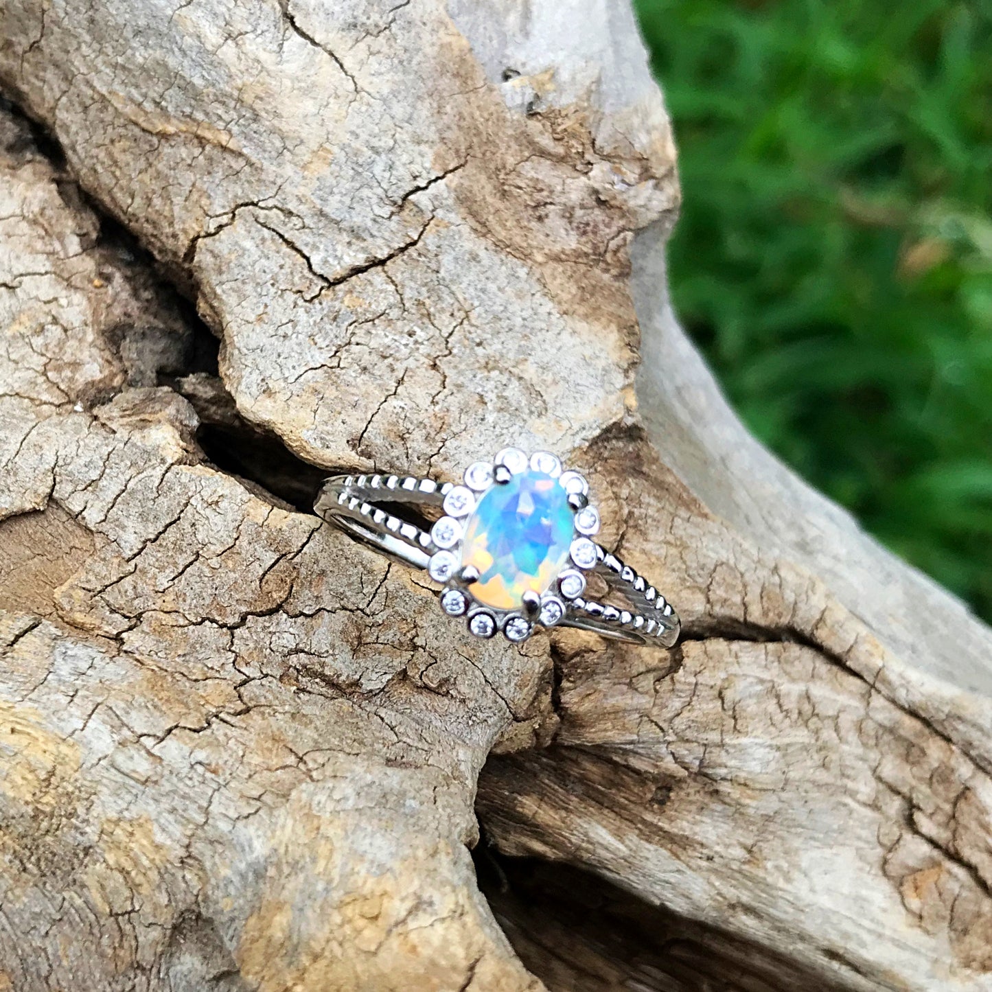 Sterling Silver natural opal CZ promise ring engagement 8