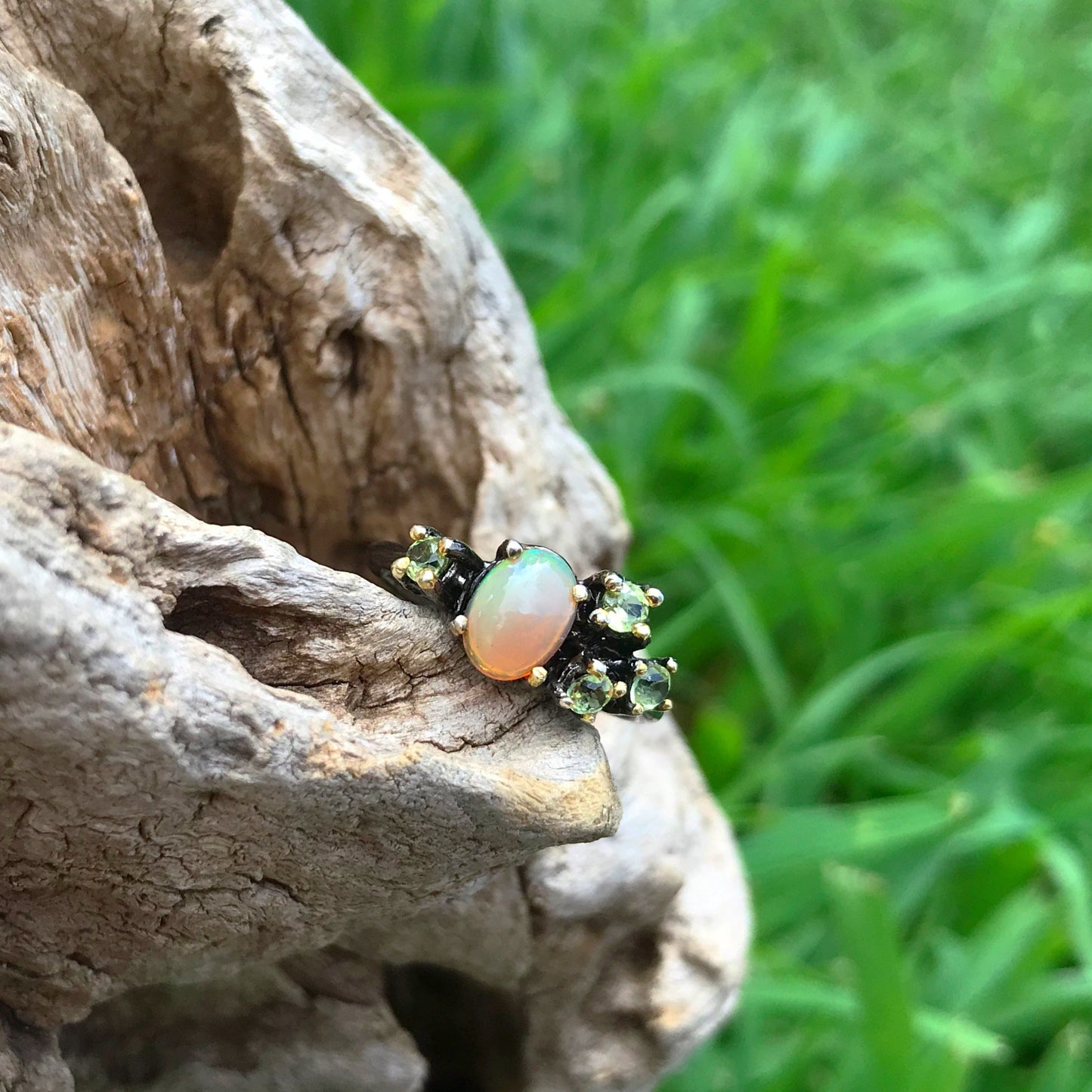 Handmade Sterling Silver Natural fire opal peridot Ring 6