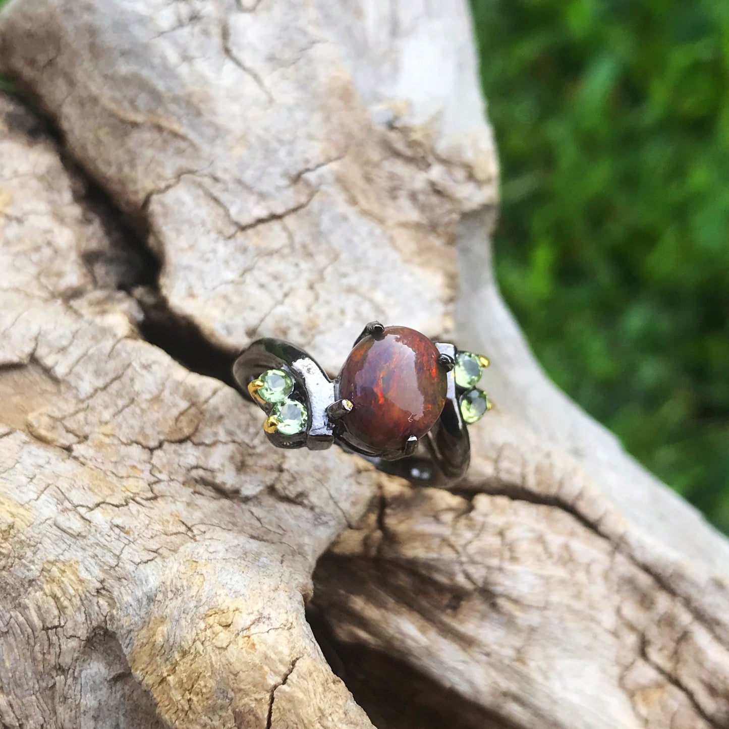 Sterling Silver modernist Handmade Fire Opal peridot Artisan ring 6