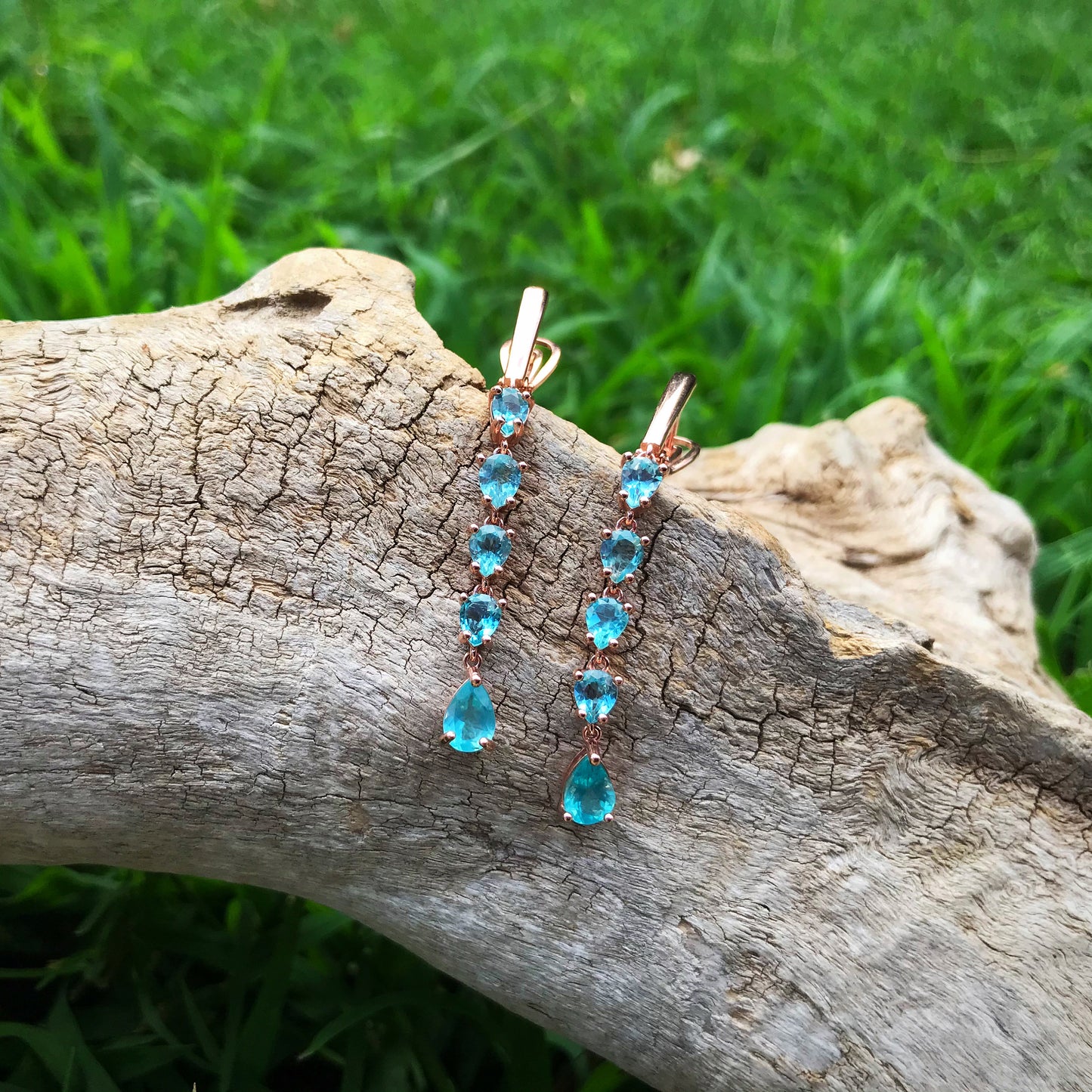 Sterling Silver Blue Apatite CZ Rose Gold Artisan handmade Earrings