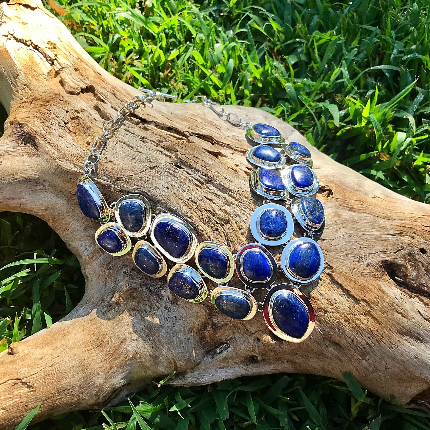 sterling silver Statement Natural Blue Lapis Lazuli  Necklace Collar