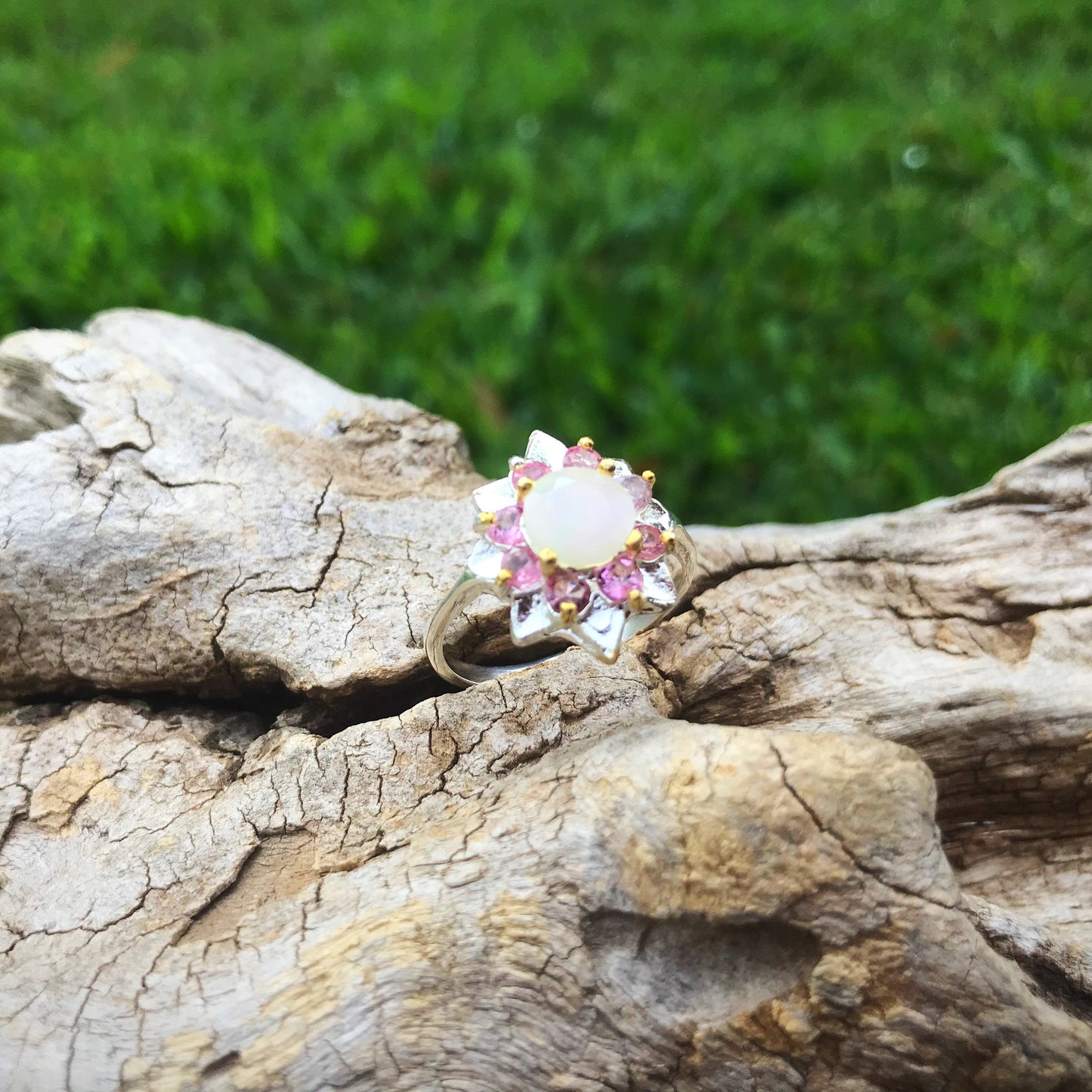Sterling Silver Handmade Natural opal pink tourmaline flower Artisan handmade ring 8