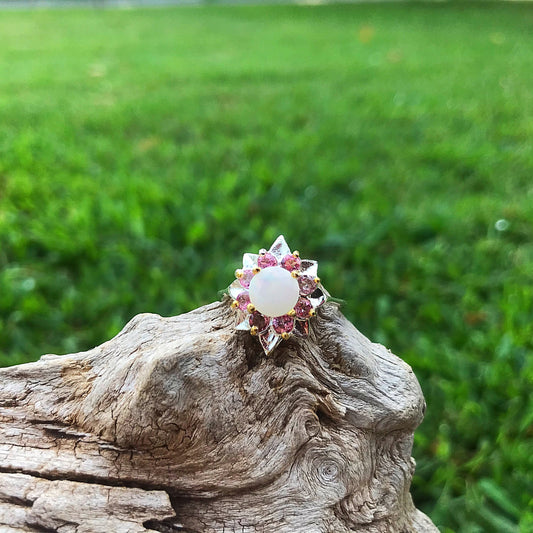 Sterling Silver Handmade Natural opal pink tourmaline flower Artisan handmade ring 8