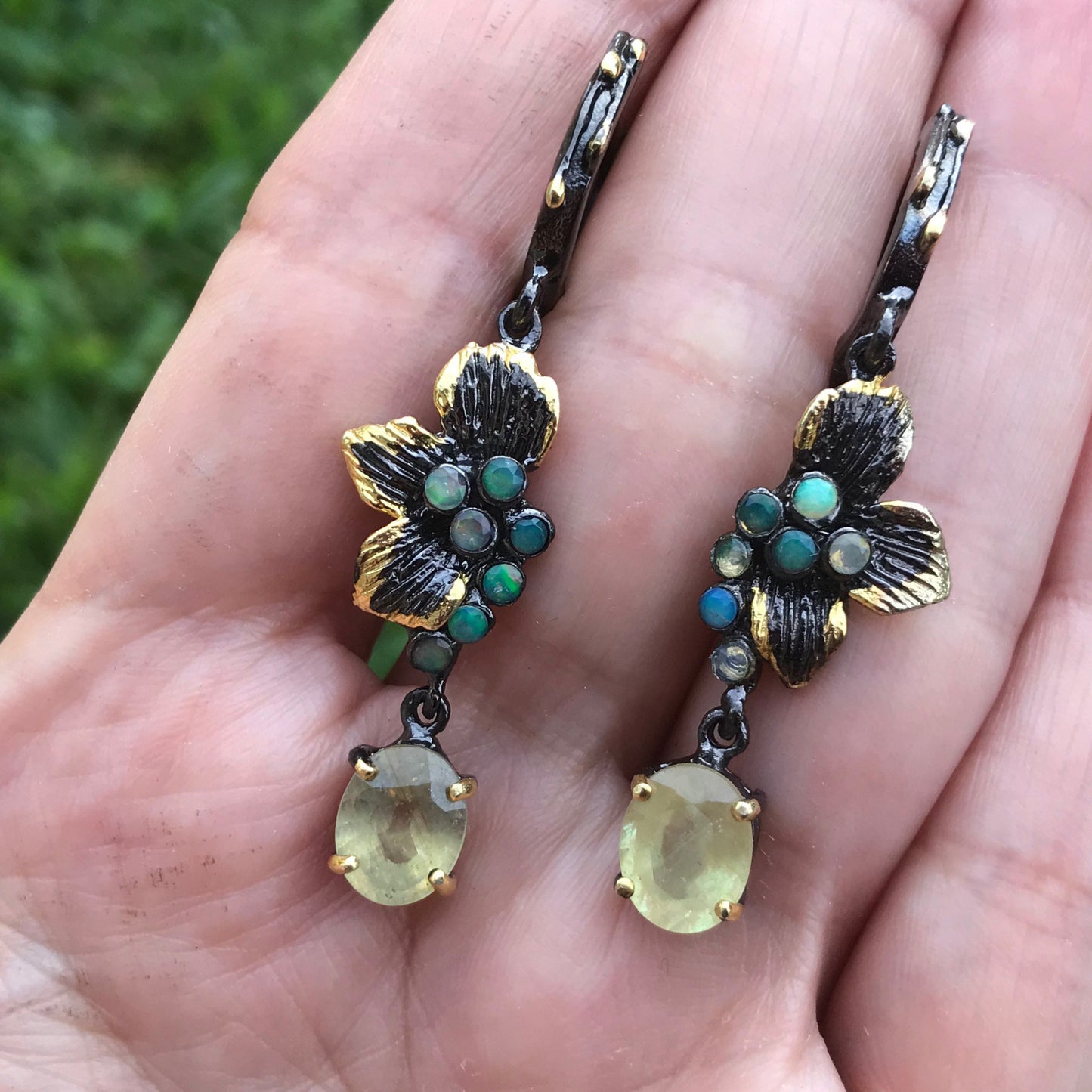 sterling silver statement flower gold fire opal sapphire dangle earrings