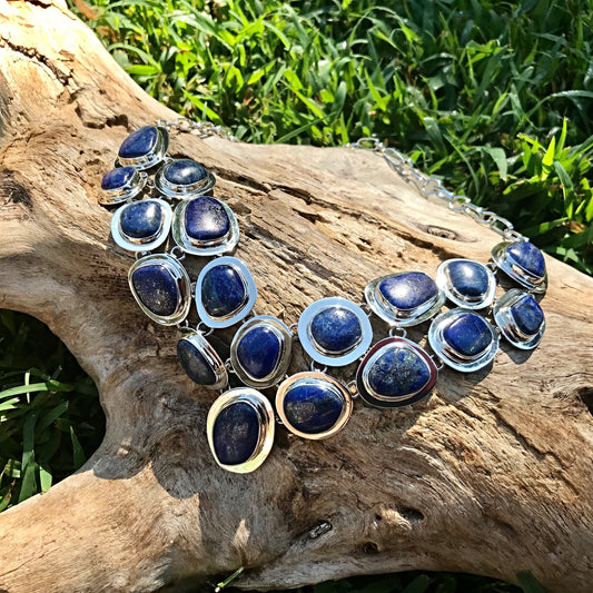 sterling silver Statement Natural Blue Lapis Lazuli  Necklace Collar