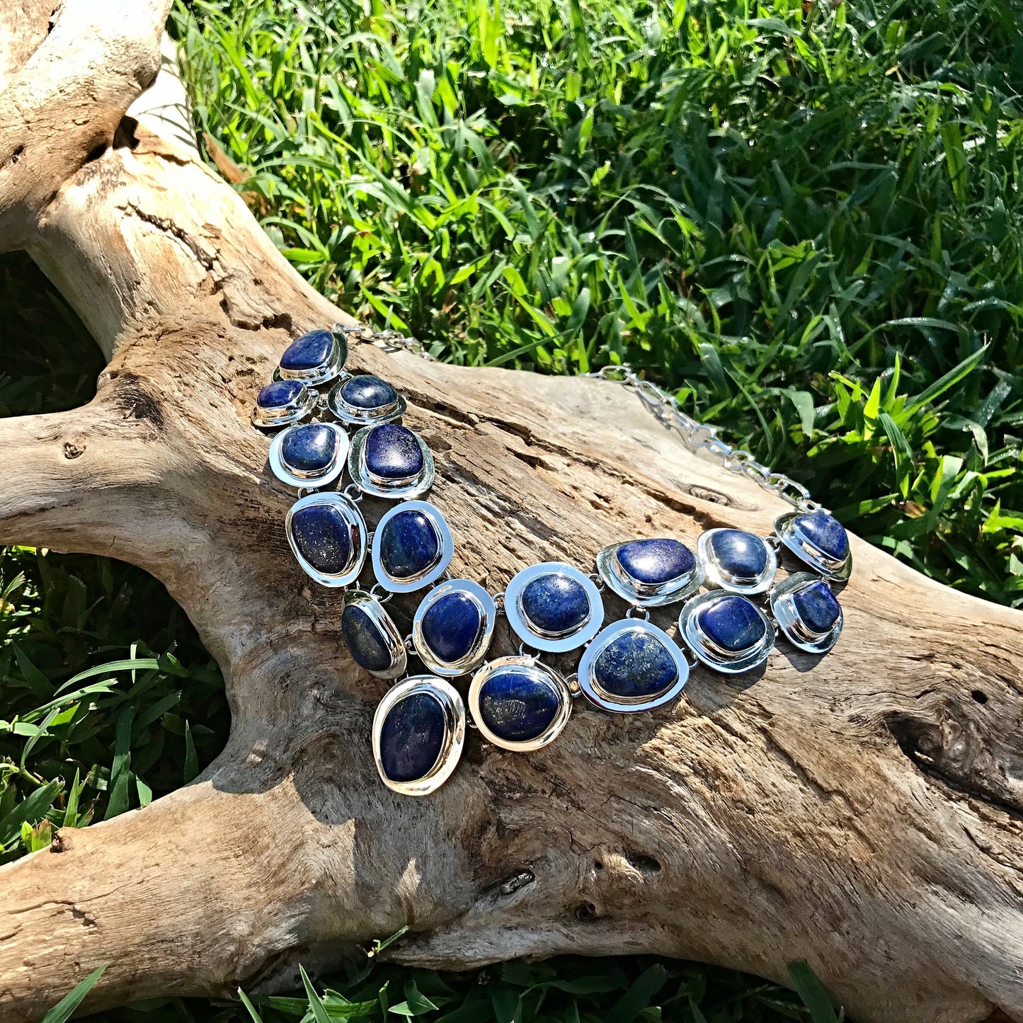 sterling silver Statement Natural Blue Lapis Lazuli  Necklace Collar