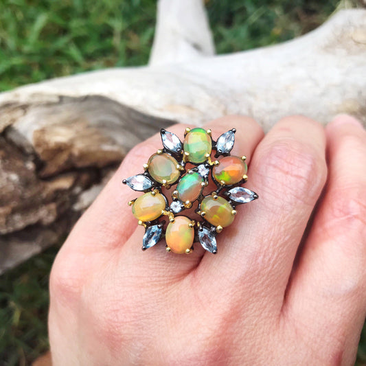 Natural Rainbow opal organic topaz  Sterling Silver statement Ring 7