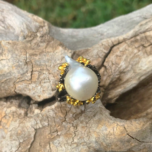 Handmade Sterling Silver White Pearl organic Ring 6
