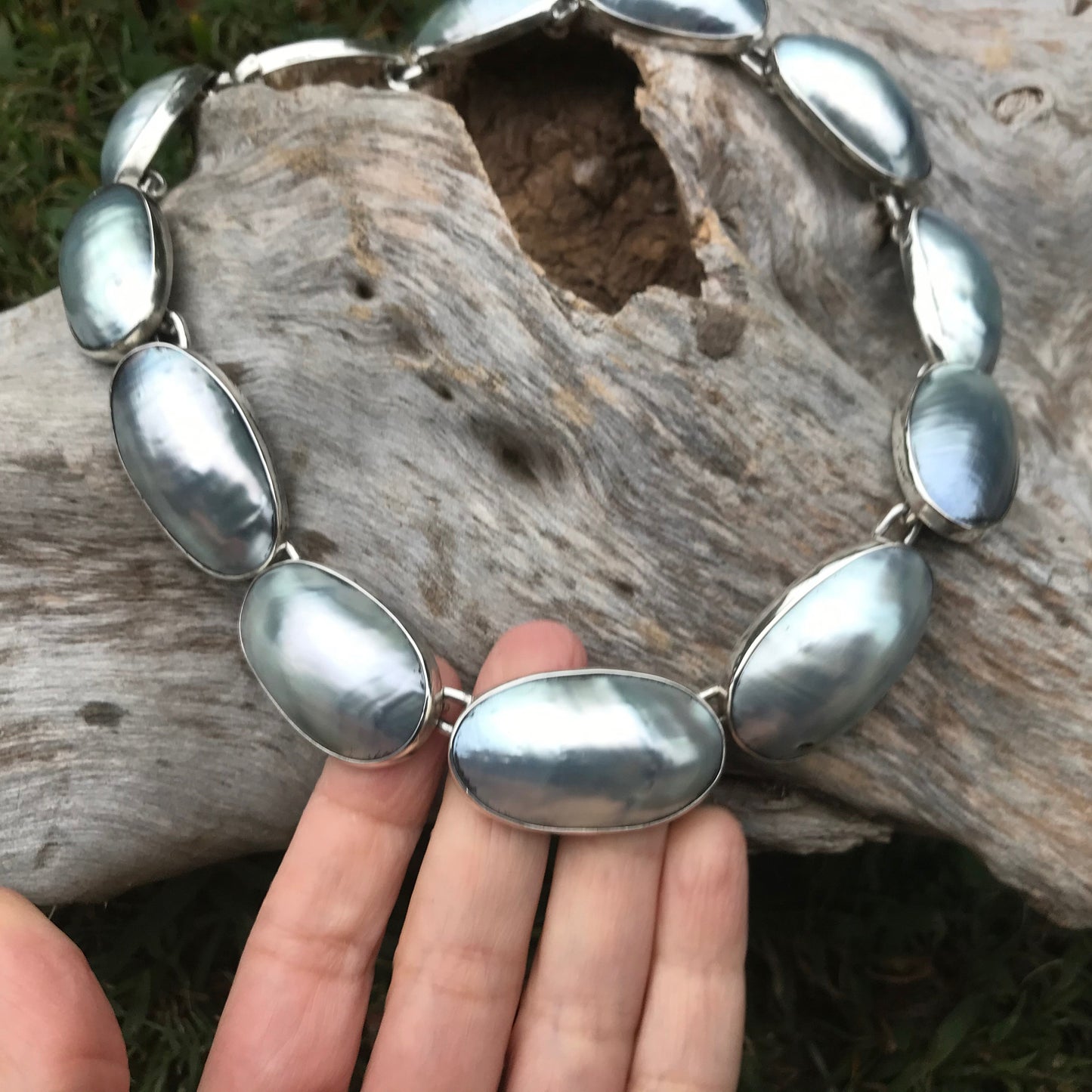 Sterling silver Mabe large gray pearl collar Handmade Statement Necklace
