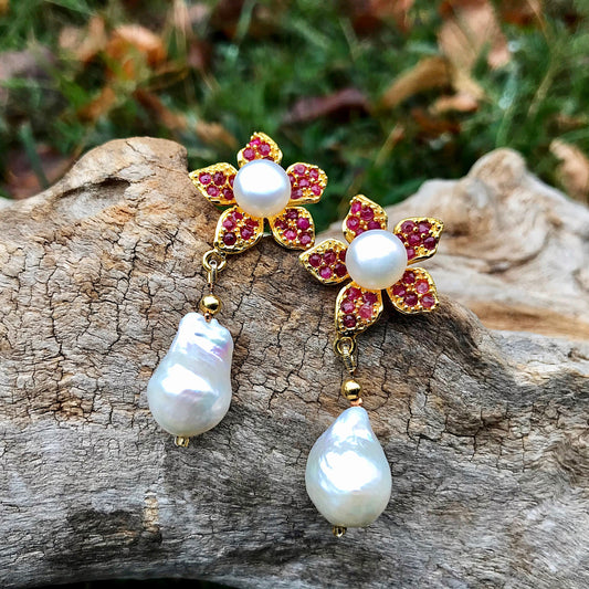 Sterling Silver natural ruby white natural baroque pearl Gold Earrings