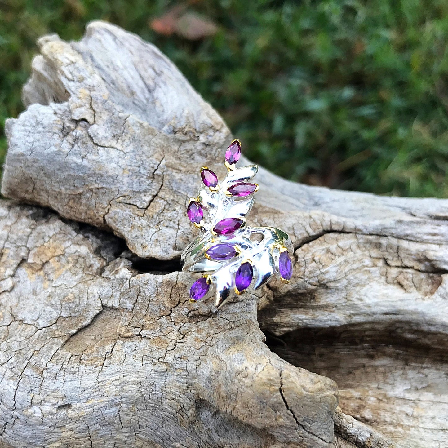 sterling silver fern Rhodolite Amethyst ring 7