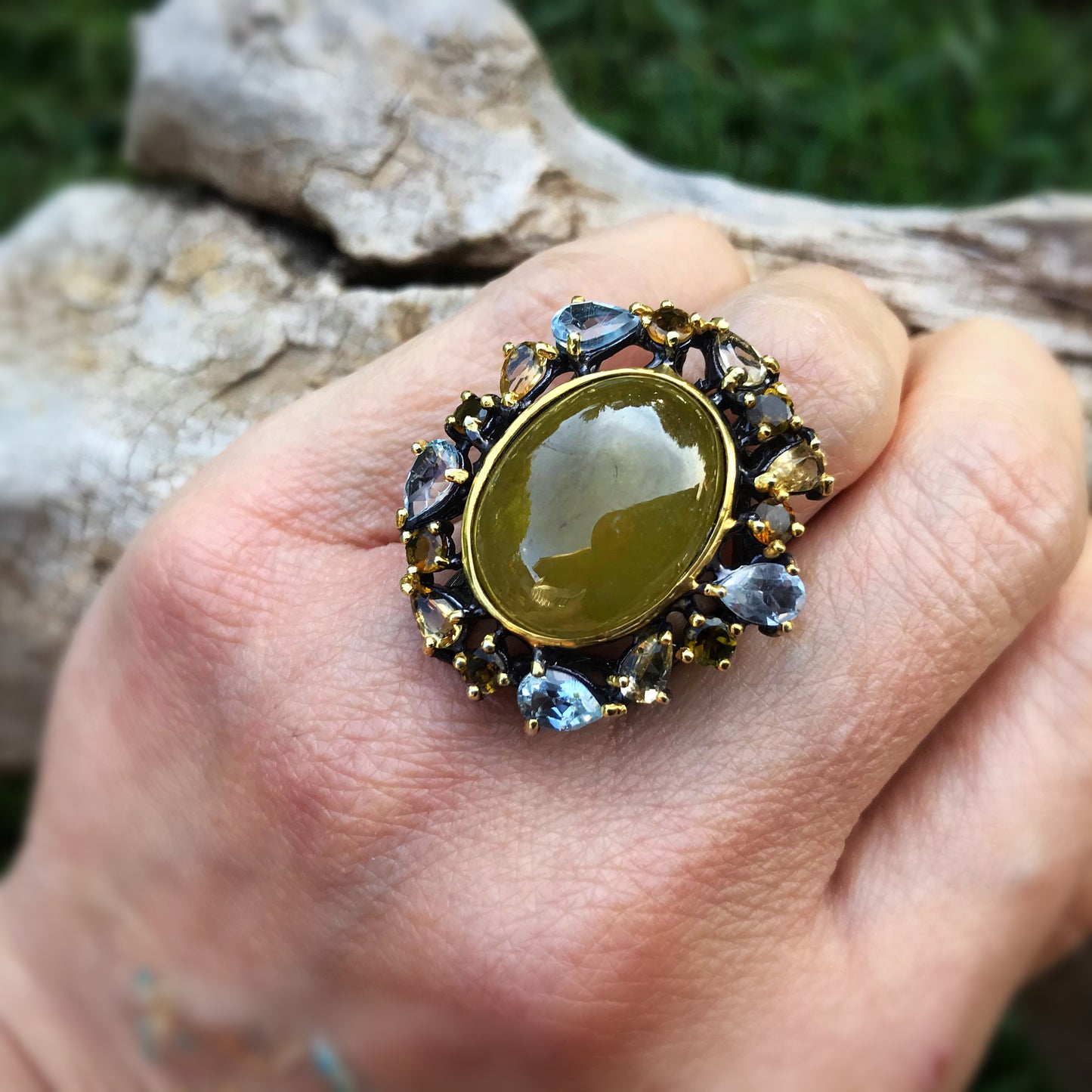 sterling Silver natural sphene citrine tourmaline topaz statement Ring 6