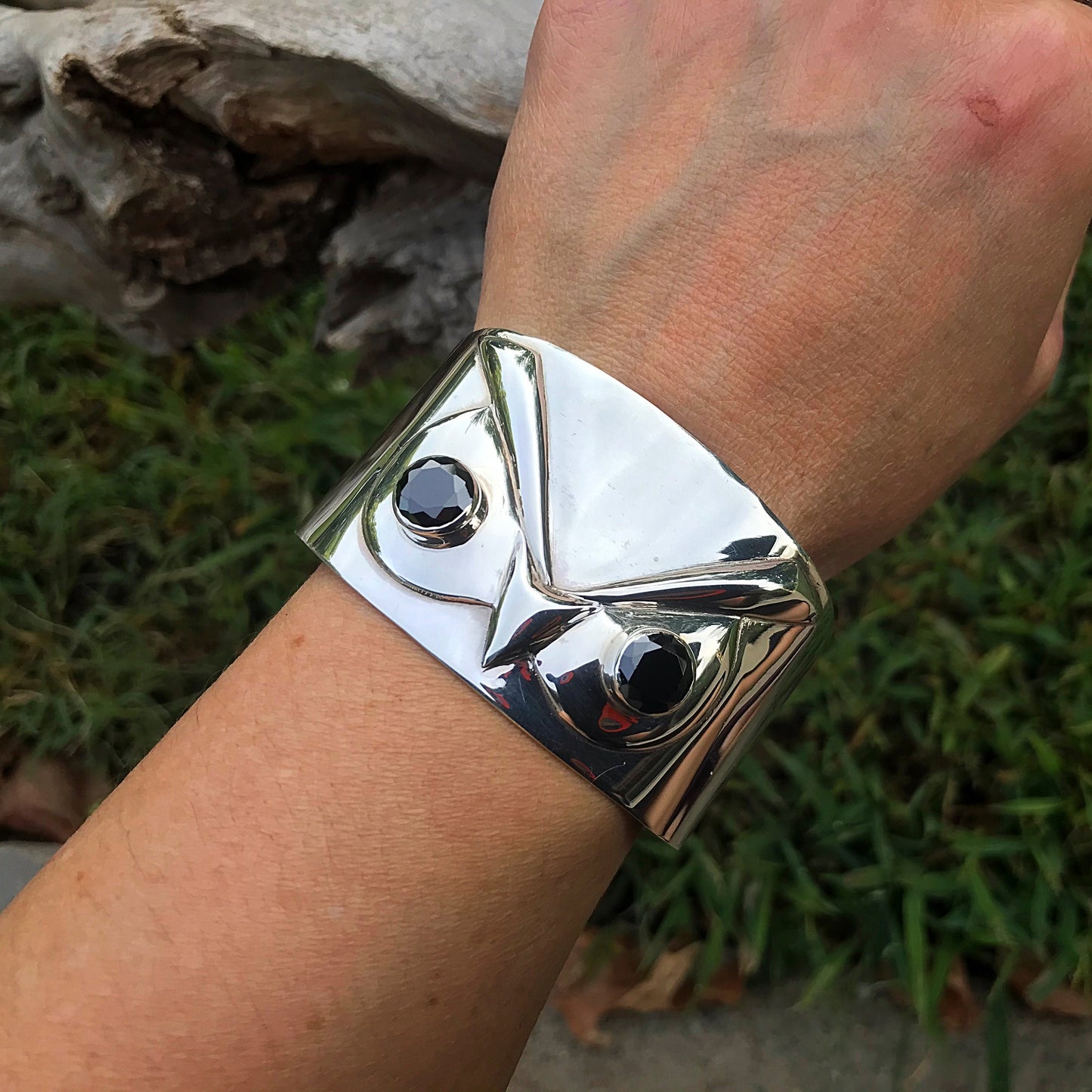 sterling silver Repousse owl wide  bracelet artisan cuff