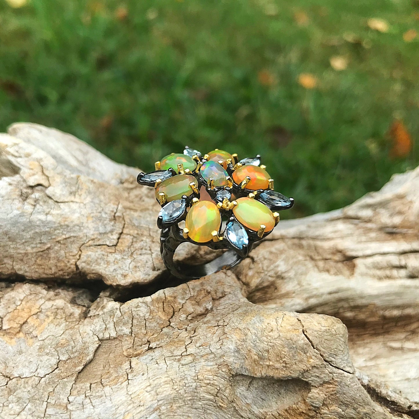 Natural Rainbow opal organic topaz  Sterling Silver statement Ring 7