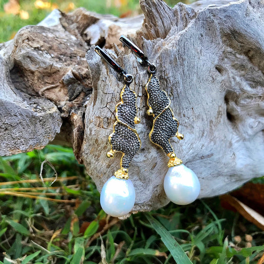 Sterling Silver pearl Sapphire Modernist statement earrings