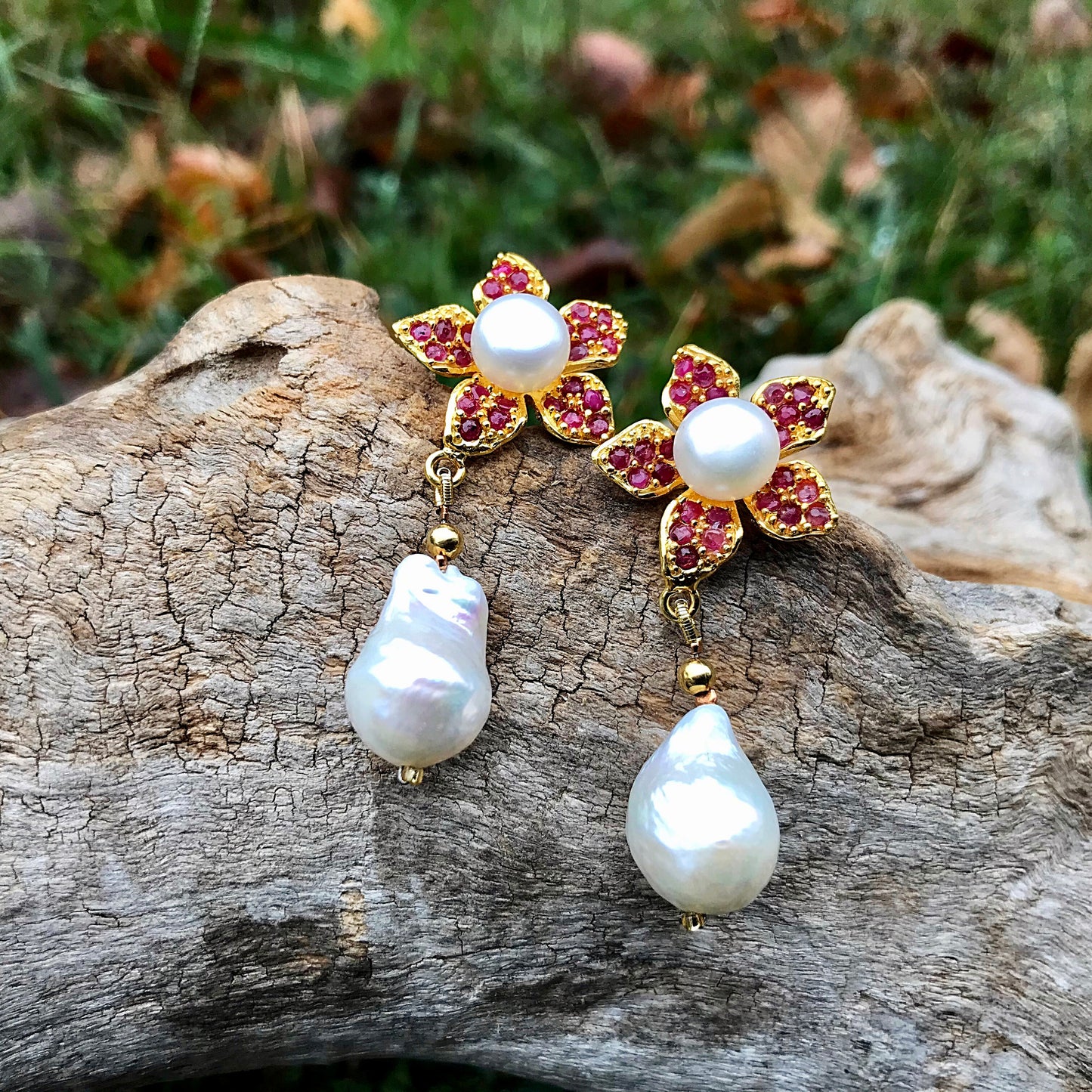 Sterling Silver natural ruby white natural baroque pearl Gold Earrings