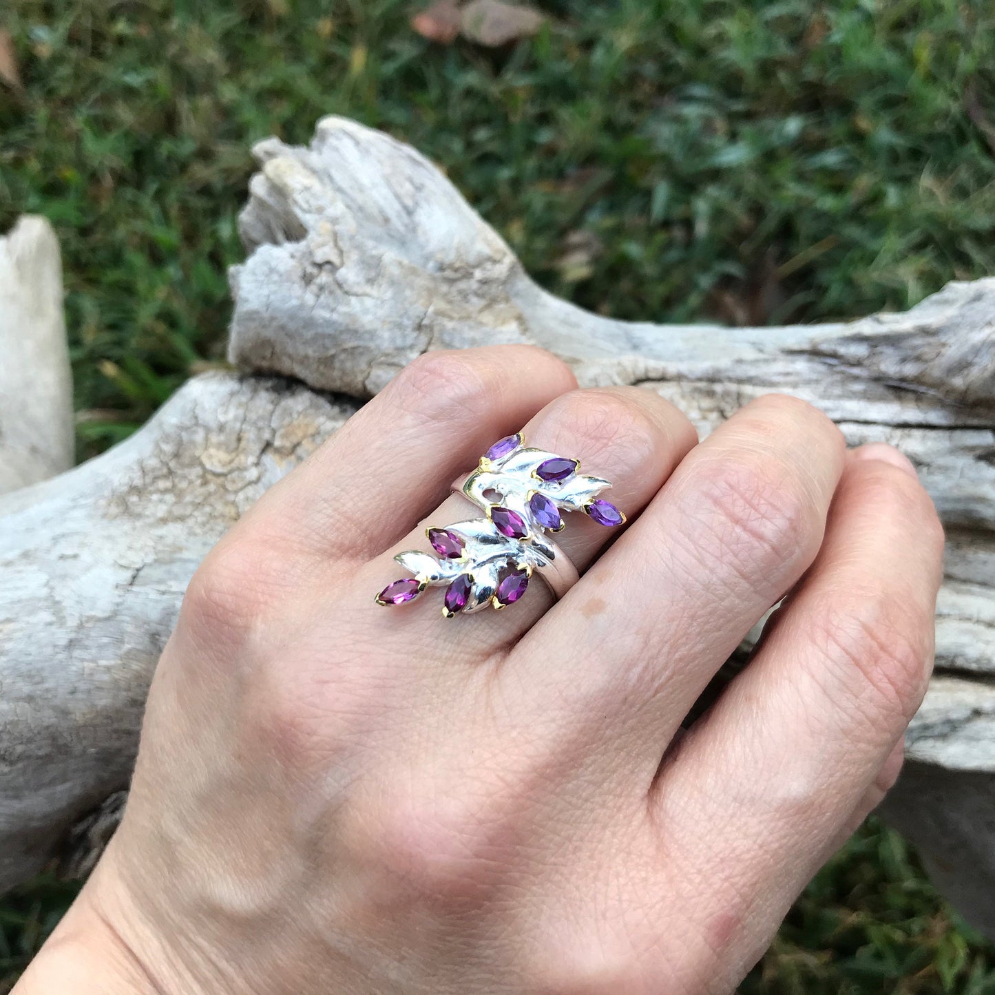 sterling silver fern Rhodolite Amethyst ring 7